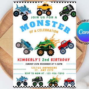 May include: A white invitation card with colorful monster truck illustrations. The card reads "Join us for a Monster of a Celebration" and "Kimberly's 2nd Birthday". Includes the text "Editable with Canva" and "Instant Download".
