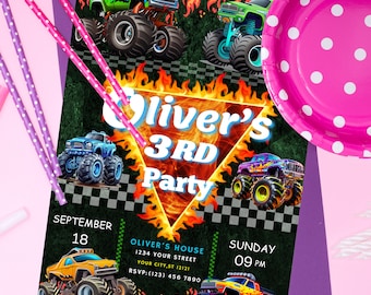 Editable Monster Truck Birthday Invitation, Canva Template for Boys' Its a Birthday Bash Party, Digital Download
