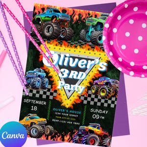 Monster Truck Birthday invitation template for boys, Racing car party invite, Editable digital card, kids  bday decor