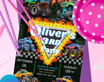 Monster Truck Birthday invitation template for boys, Racing car party invite, Editable digital card, kids  bday decor