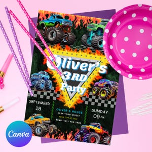 Bewerkbare sjabloon voor verjaardagsuitnodiging Monster Truck voor jongens, bedankkaartjes en telefoonuitnodiging voor kinderen, verjaardagsuitnodiging vrachtwagens, digitale Evite