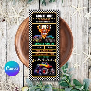 May include: A black and white checkered ticket with the text "ADMIT ONE" and "OLIVER'S 1ST PARTY". The ticket features illustrations of monster trucks and event details including the date, time, and location.