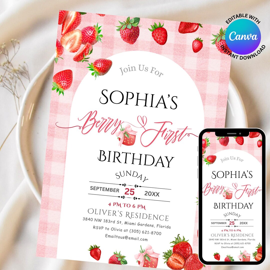 Girls Pink Gingham Berry First Birthday Invitation Editable Canva ...