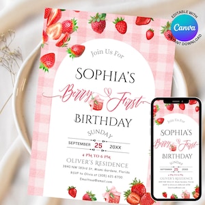 Girls Pink Gingham Berry First Birthday Invitation Editable Canva Template, Berry First Birthday Invitation, Berry 1st Birthday Invite, DIY
