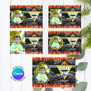 Cartão de agradecimento com foto editável, modelo de convite de aniversário Monster Truck para meninos, etiquetas de agradecimento e convite de aniversário infantil por telefone, Canva