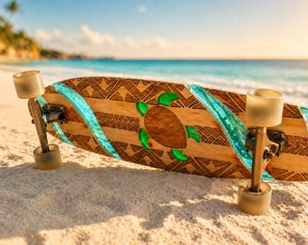 Handmade Wood Resin Longboard, Cruiser Skateboard, Custom Engraved, Beach Style Deck
