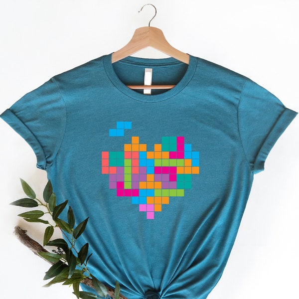 Tetris Heart Shirt: Embrace the Puzzle Love. Combine your passion for Tetris and affection with this charming heart-shaped tee. #Gaming Love