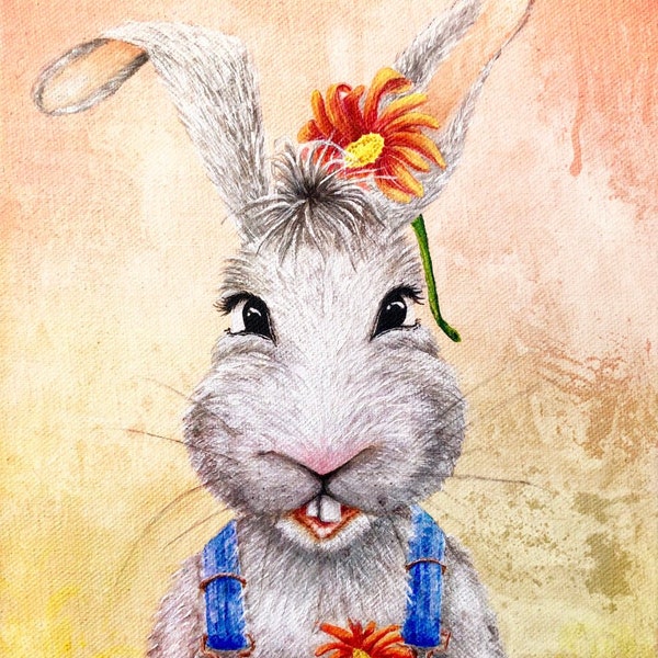 Postkarte „Hase mit Blume“ grunge