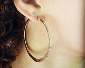 Large Hoop for Women, 14k Gold Filled Earring, Two Inch Width, Hammered One Side and Plain on the other, none of our Gold is plated.