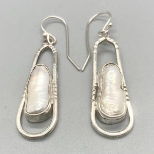Silver Pearl Earrings, Sterling Silver, Fresh Water Pearls,     2x0.75 “, Handmade Jewelry, Mother’s Day Gift