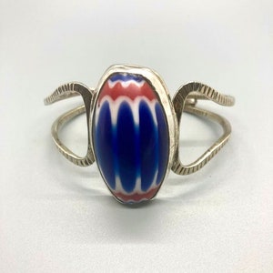 Chevron Cuff Bracelet, Antique African Trade Bead, Sterling Silver, 7 Layer Chevron Glass, Antique Jewelry, 6 inches adjustable width.