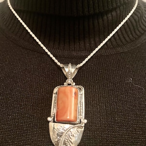 Mediterranean Coral Necklace, Sterling Silver,Salmon Coral, 18” Silver Chain Included,Pendant 2 1/8” Long, 1 7/8” Wide, Handmade Jewelry