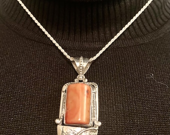 Mediterranean Coral Necklace, Sterling Silver,Salmon Coral, 18” Silver Chain Included,Pendant 2 1/8” Long, 1 7/8” Wide, Handmade Jewelry