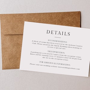 Minimalistische Hochzeitsdetails-Beilagekarte, digitale Download-Vorlage