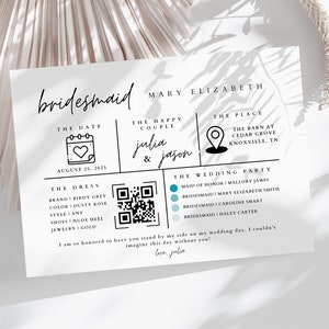 Puede incluir: Una tarjeta de dama de honor con un diseño en blanco y negro. La tarjeta incluye la fecha, los nombres de la pareja, el lugar y la fiesta de bodas. La tarjeta también incluye un código QR y un icono de corazón.