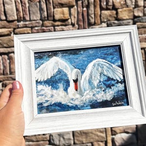Swans – Print of Original Oil Painting | 5x7” Framed & Signed  limited Art | Elegant Bird Wall Decor | Swan’s Romantic Love Gift of Nature