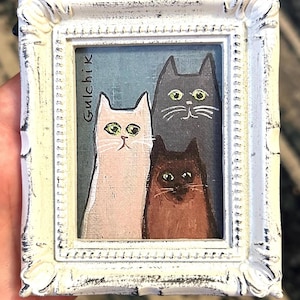 Cats Family Miniature Art Print: Pet Portrait Rustic White or Black Frame