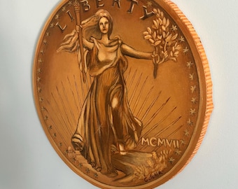 Original round painting 12 inches of a Rare Gold Coin Liberty Eagle