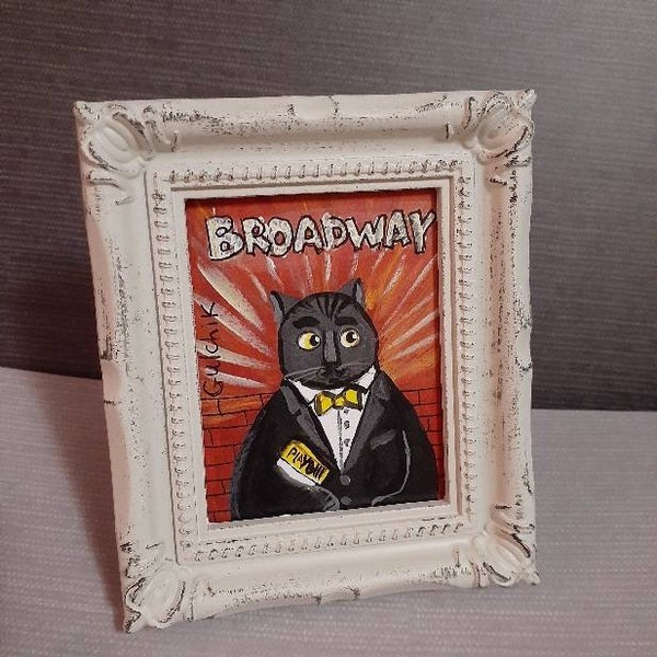 Cat - New York Broadway - print of original painting by Gulchik - 2.5 x 3 ins, frame 3.5 x 4 ins