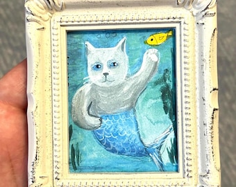 Cat Mercat Miniature Art Print: Rustic White or Black Frame Gift Decor