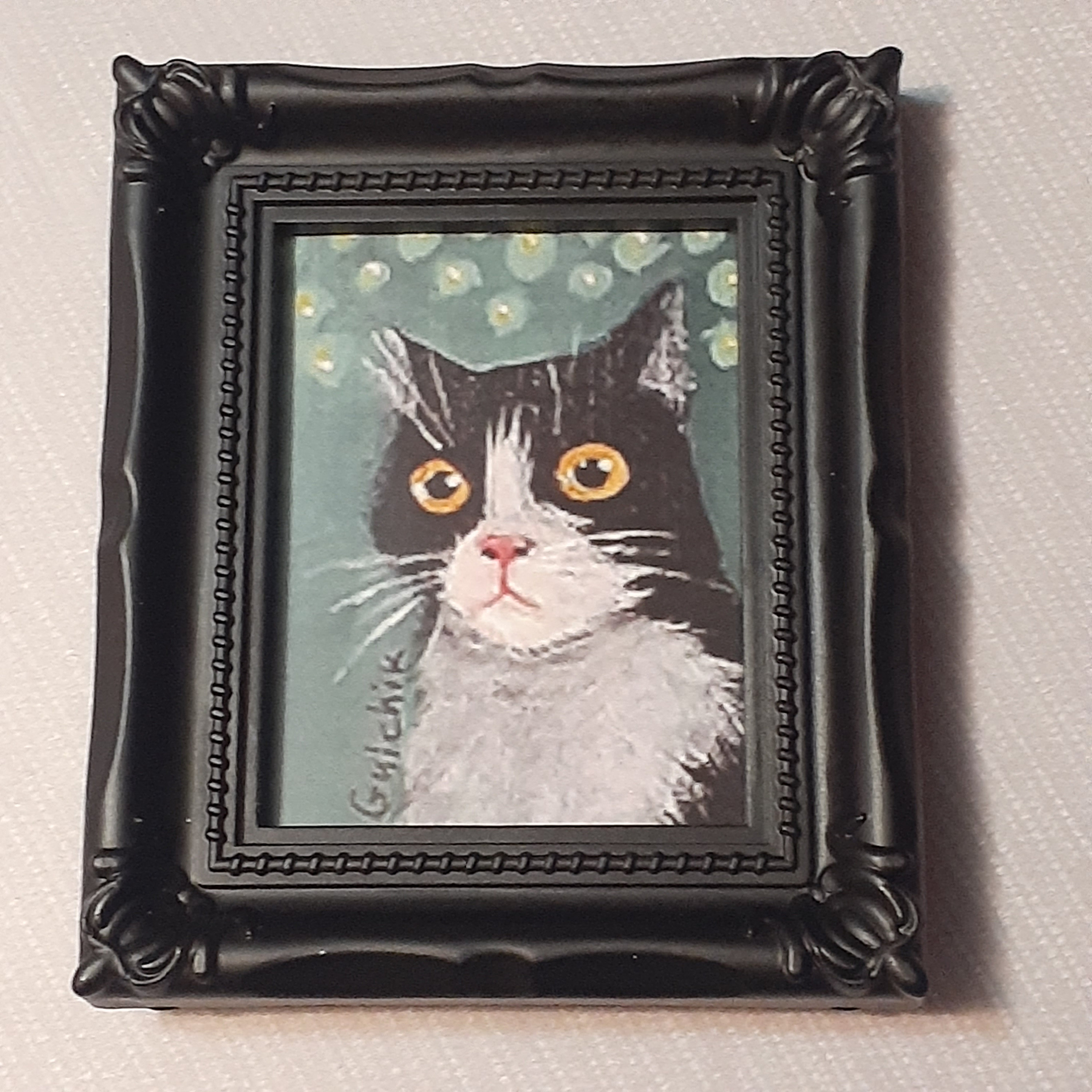Tuxedo Cat Miniature Art Print: Pet Portrait Black Frame Gift Decor