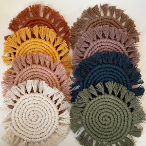 Handmade Macrame Coasters: Boho Fringe Mug Rugs, Plant Coasters | 20 colors
