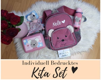 Kita Set Rucksack+Flasche +Brotdose und Plüschtier Bedruckt für Kinder Maus Personalisiert