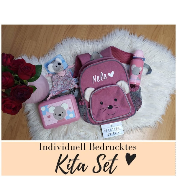Kita Set Rucksack+Flasche +Brotdose und Plüschtier Bedruckt für Kinder Maus Personalisiert