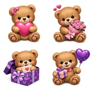 Könnte beinhalten: Vier entzückende braune Teddybären mit rosigen Wangen und schwarzen Augen. Einer hält ein rosa Herz, ein anderer einen Strauß rosa Rosen, ein dritter springt aus einer lila Geschenkbox, und der letzte hält einen lila Herzballon und ein rosa Geschenk.