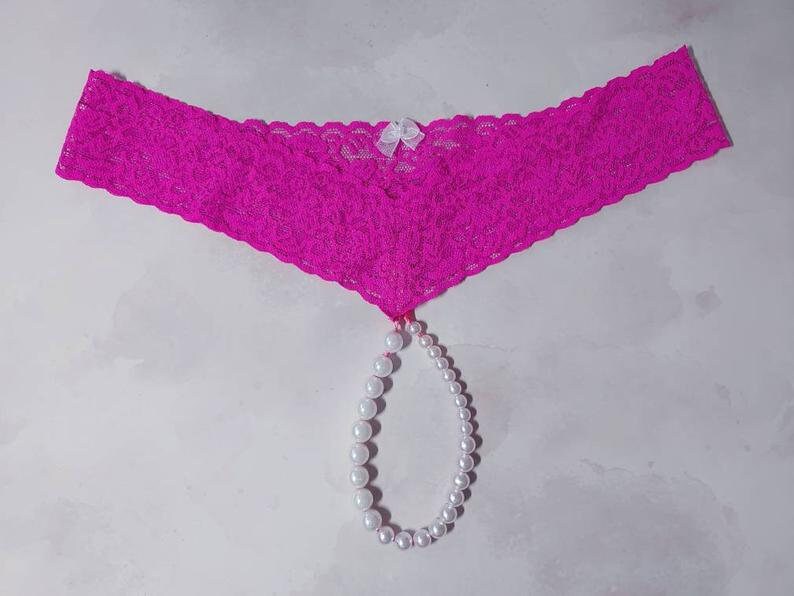 Thong in Stretch Lace with Plastic Pearl Beads Crotchless Etsy