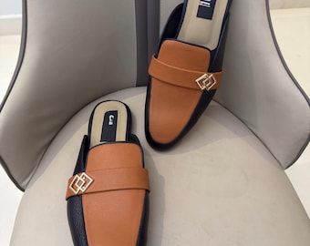 mens tan and black leather mule loafers backless slip on dress slippers gold hardware smart casual office wedding shoes for him luxury style
