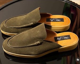 handmade men summer mule leather slippers suede backless loafers slip on shoes stitched toe brown black navy olive smart casual gift for him