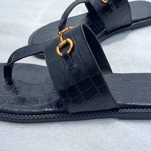men black croc leather slide sandal