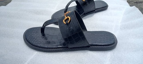 Men black croc leather slide sandal handmade luxury slip on summer footwear gold buckle Arabian style custom traditional flat slipper