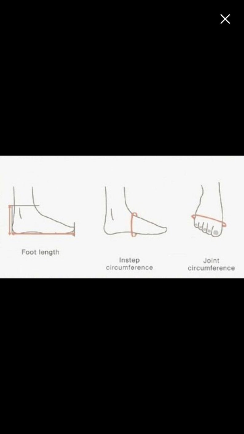 May include: Diagram showing how to measure foot length, instep circumference, and joint circumference.