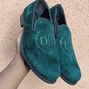 handmade embroidered monogrammed green velvet leather loafer shoes personalized custom made footwear men gift