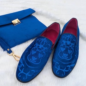 men blue velvet embroidered loafer slip on dress slipper with matching bag set groom wedding guest outfit men shoe gift party luxury style