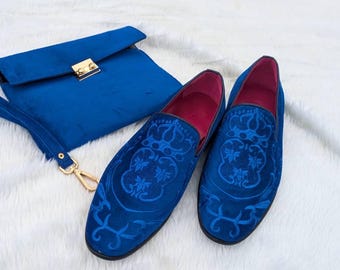 men blue velvet embroidered loafer slip on dress slipper with matching bag set groom wedding guest outfit men shoe gift party luxury style