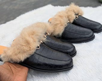 Men fur lined backless mule slipper textured leather horsebit loafer designer style slip on luxury winter men shoe gift for him