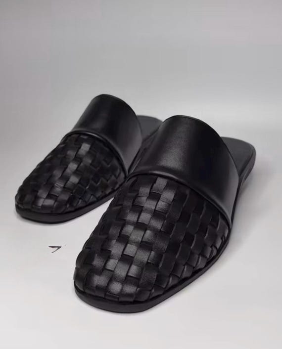 handmade woven leather mule slippers men slip on backless loafers closed toe white black brown olive smart casual resort vacation gift him