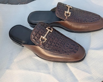 Men Crocodile Leather Embossed Slip in Shoe Brown Handmade  display picture 3