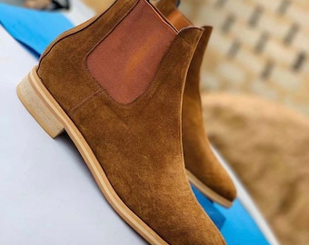 handmade tan suede leather chelsea boots men ankle high casual boots custom made handcrafted leather sole footwear