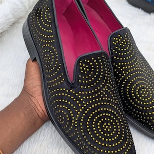 Black loafer gold rhinestone mens slip shoe
