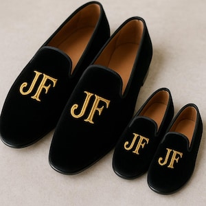 Matching father son black velvet loafers holiday festive footwear personalized monogram shoes custom embroidered initials wedding photo gift