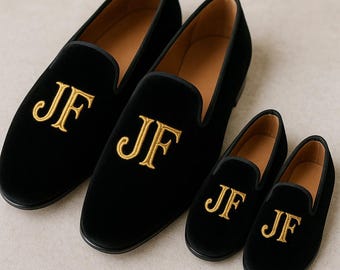Matching father son black velvet loafers holiday festive footwear personalized monogram shoes custom embroidered initials wedding photo gift