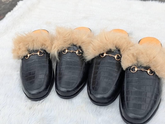 Men fur lined backless mule slipper textured leather horsebit loafer designer style slip on luxury winter Men shoe gift for him Men fur lined backless mule slipper textured leather horsebit loafer designer style slip on luxury winter Men shoe gift for him