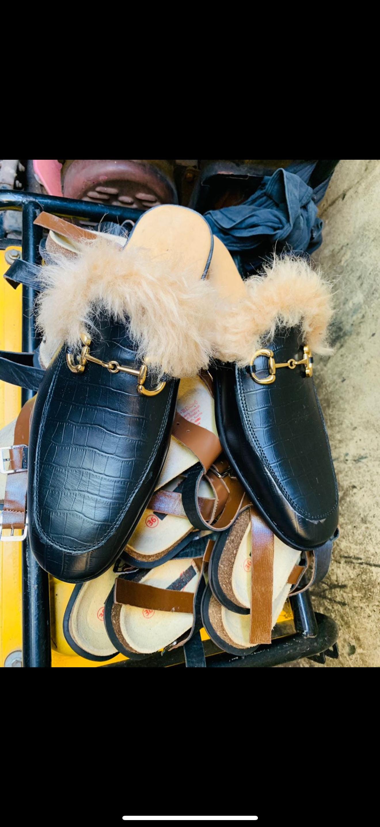 men’s backless loafers with fur Velvet Fur Italian Backless Loafers in Navy Blue main image 3
