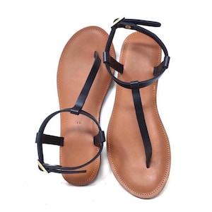 Handmade Vegan Leather T-Strap Sandals: Black Summer Flats