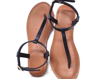 Sandali infradito in pelle nera da donna, sandali estivi minimalisti con cinturino alla caviglia, sandali casual in pelle in stile greco, regalo