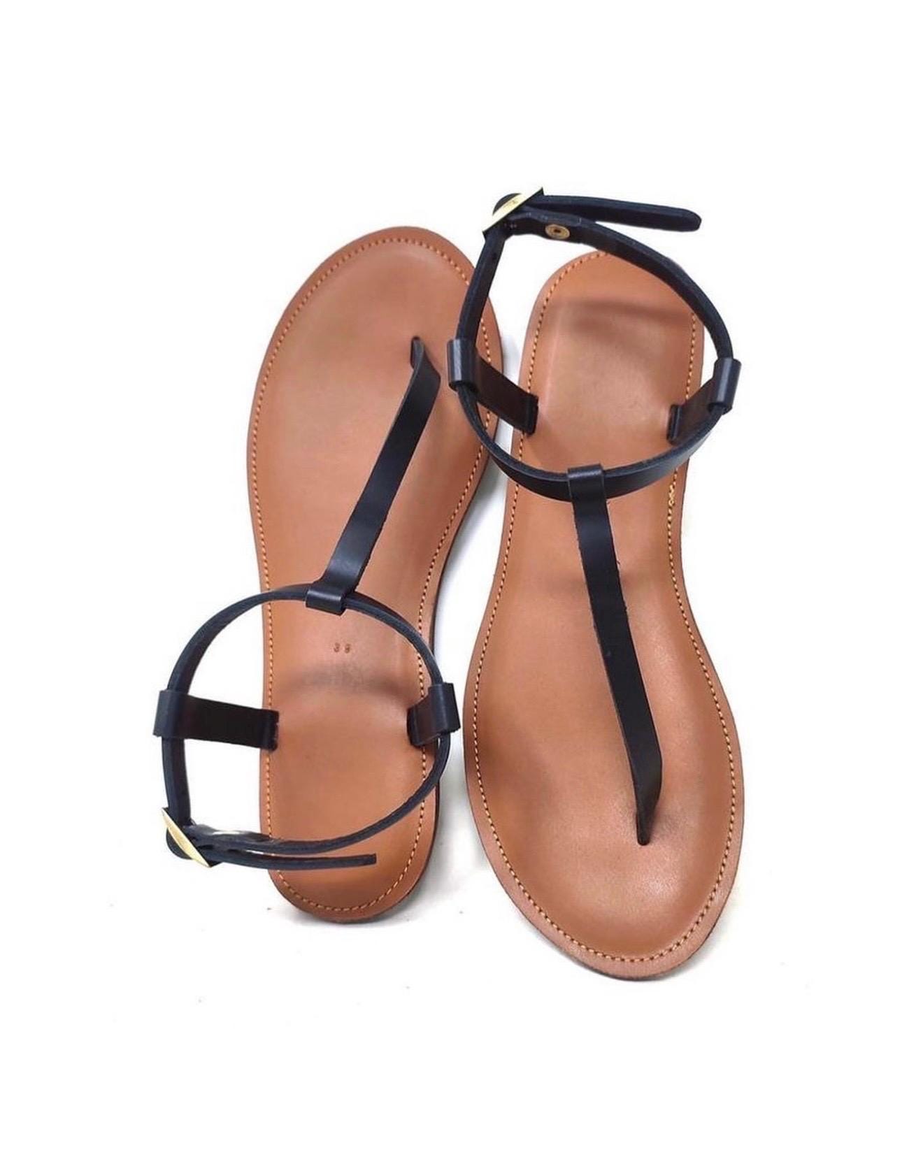 Women black leather thong sandals flat ankle strap minimalist barefoot summer sandals Greek style casual leather sandals gift